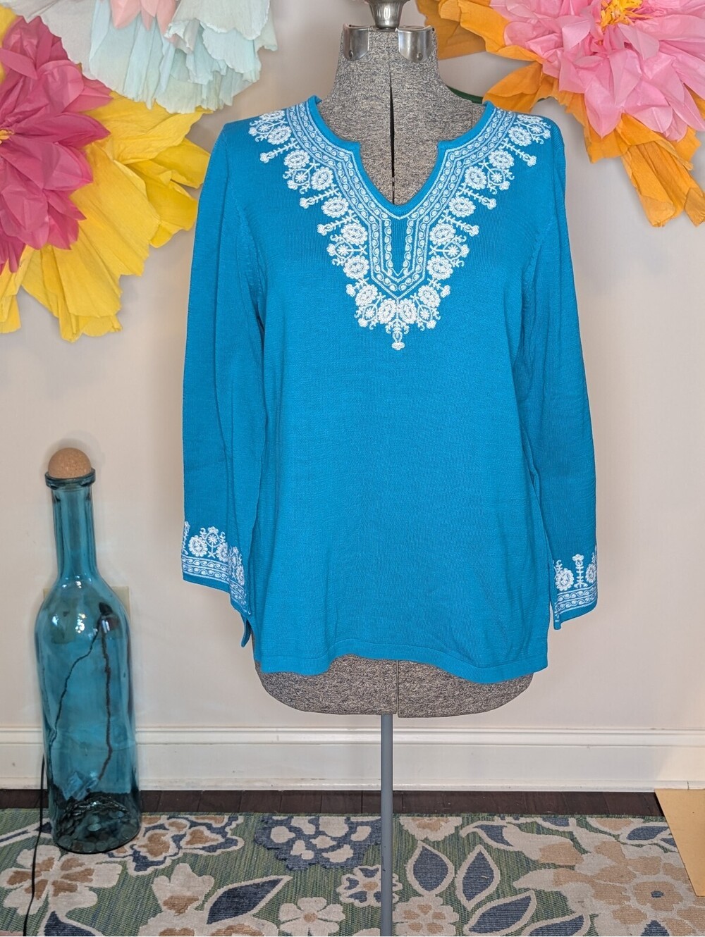 2057 - Cynthia Rowley Woman 100% Cotton Embroidered Blue L/S Sweater Size 1X